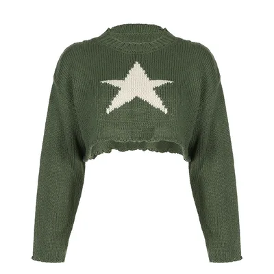 Original Mori Girl Pentagram Contrast Color Knitted Sweater Green - Shop at LoveMi