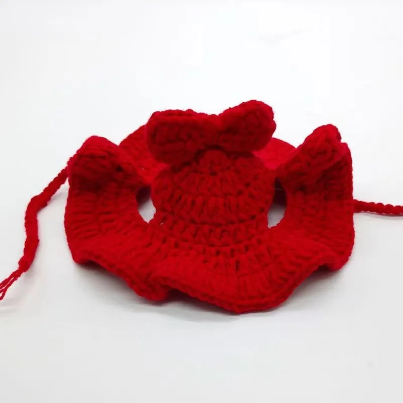 Wool Pet Hood Dogs And Cats Knitted Hat Prop Headdress - Red Bow