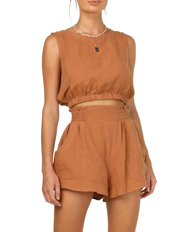 Women's Solid Color Sleeveless Short Top Shorts Suit Caramel - Shop at LoveMi