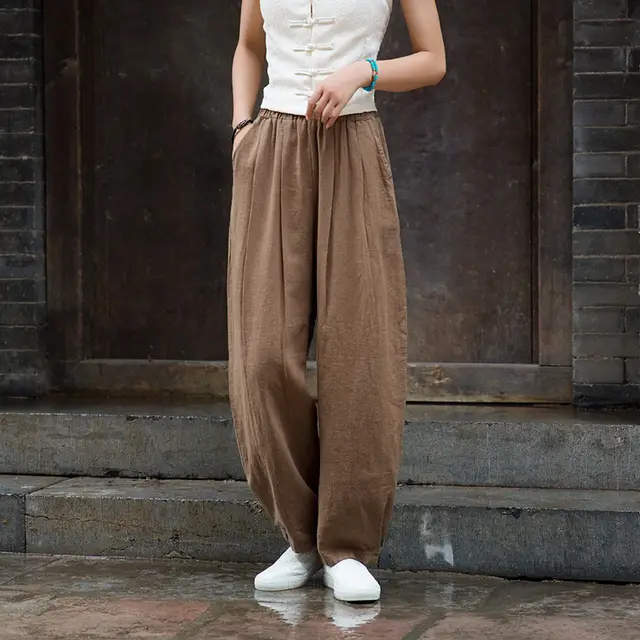 Cotton And Linen Women's Clothing Artistic Stone Washed Loose Bloomers Khaki - Shop at LoveMi
