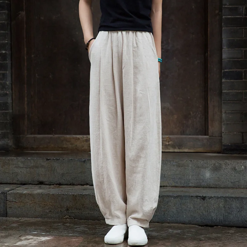 Cotton And Linen Women's Clothing Artistic Stone Washed Loose Bloomers - Raw Linen Velvet