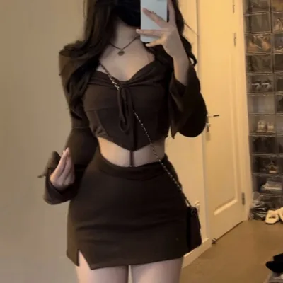 Top Long Sleeve Short Dress Young Wear Brown Two piece Suit Brown - Shop at LoveMi