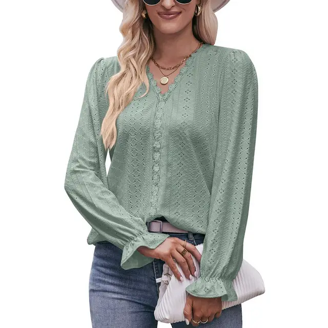 Fashion Lace V neck Long Sleeve Top Green - Shop at LoveMi