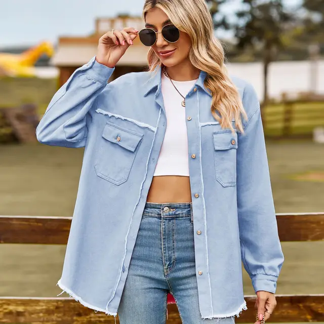 Denim Frosted Washed Tassel Top Casual Shirt For Women Light Blue - Shop at LoveMi
