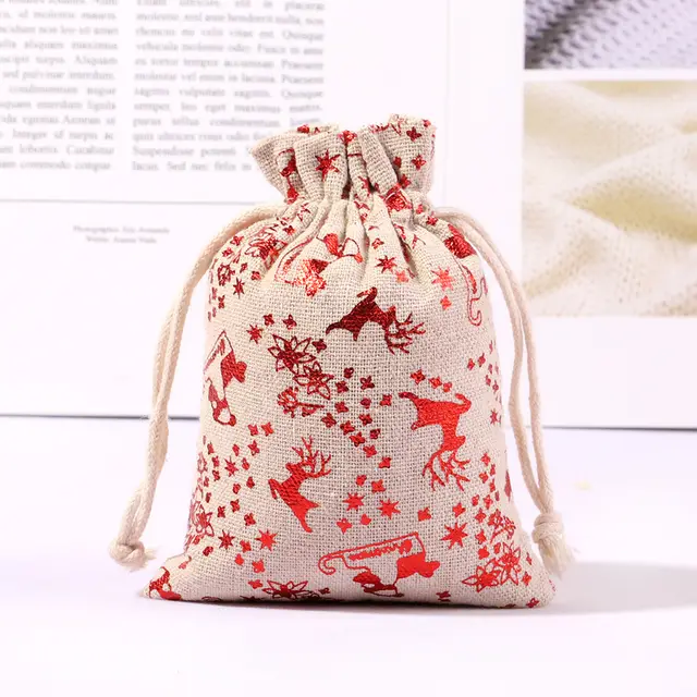 Cotton And Linen Bronzing Gift Bag Christmas Drawstring Bag Red Sled Santa Claus 10X14Cm - Shop at LoveMi