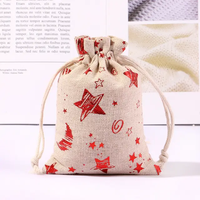 Cotton And Linen Bronzing Gift Bag Christmas Drawstring Bag Red Star Moon 13X18Cm - Shop at LoveMi