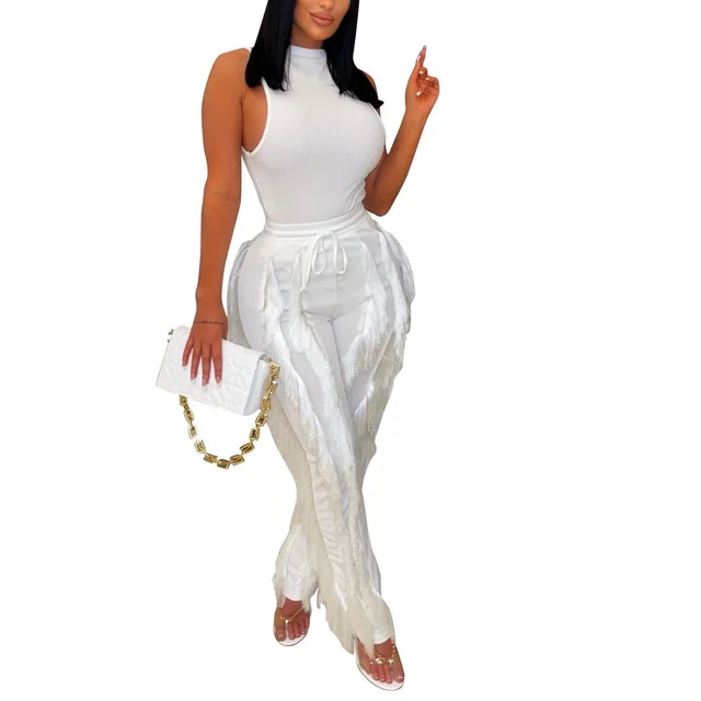 Women's Two piece Set Tassel Lace Sleeveless Casual Trousers Suit White - Shop at LoveMi