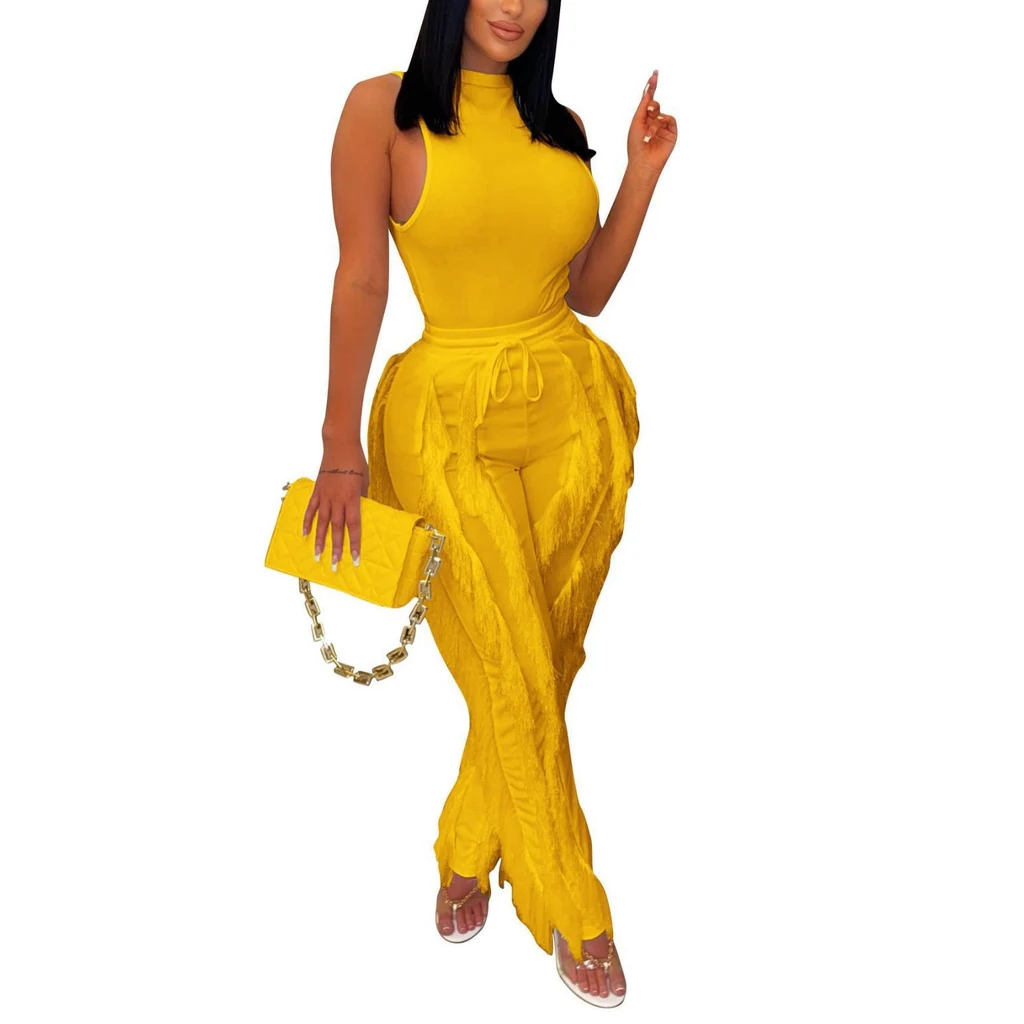 Women's Two-piece Set Tassel Lace Sleeveless Casual Trousers Suit - Yellow