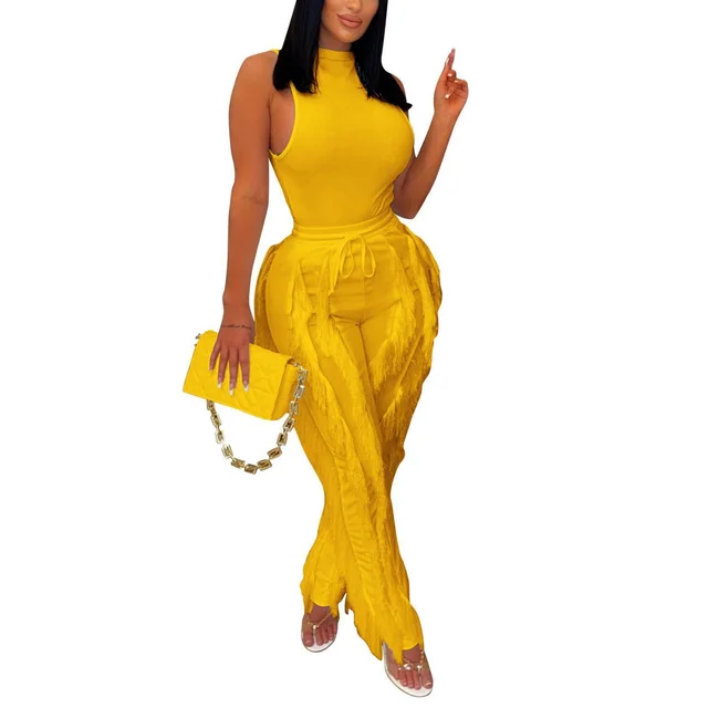 Women's Two piece Set Tassel Lace Sleeveless Casual Trousers Suit Yellow - Shop at LoveMi