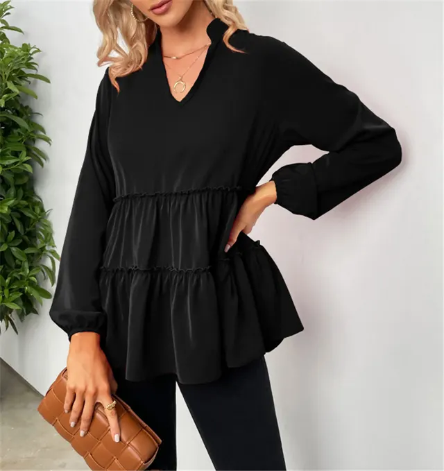 Solid Color And V neck Ruffled Hem Shirt Black - Shop at LoveMi