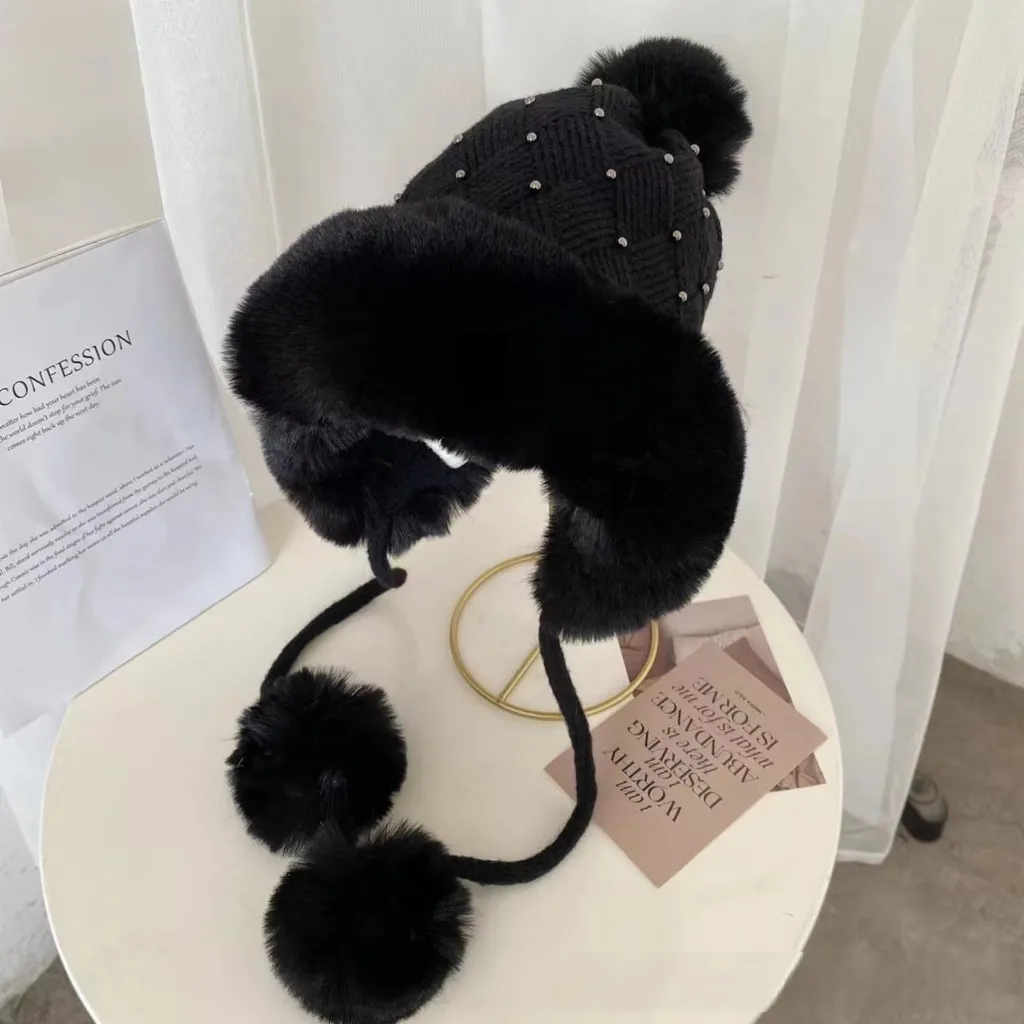 Knitted Hat Female Winter Cute Cartoon Pearl - Black