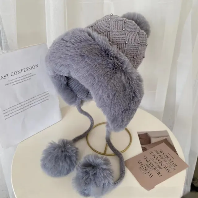 Knitted Hat Female Winter Cute Cartoon Pearl Gray - Shop at LoveMi