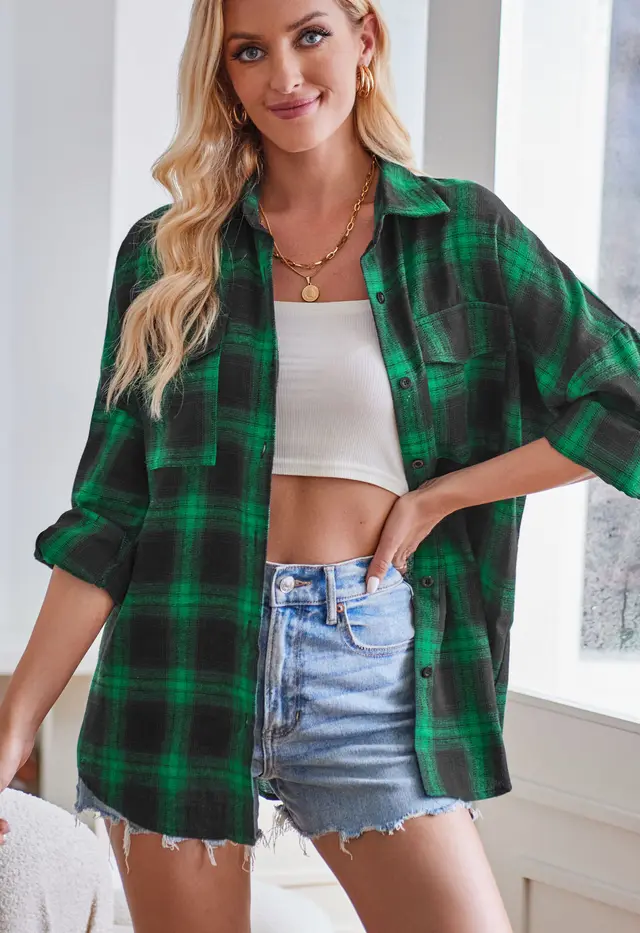 European And American Autumn And Winter Leisure Long Sleeve Flannel Plaid Pocket Shirt Green - Shop at LoveMi