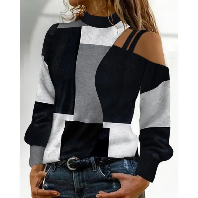 Autumn And Winter Simplicity Off the shoulder Colored Geometric Blocks Pattern Long Sleeve Top For Women Black And Gray - Shop at LoveMi