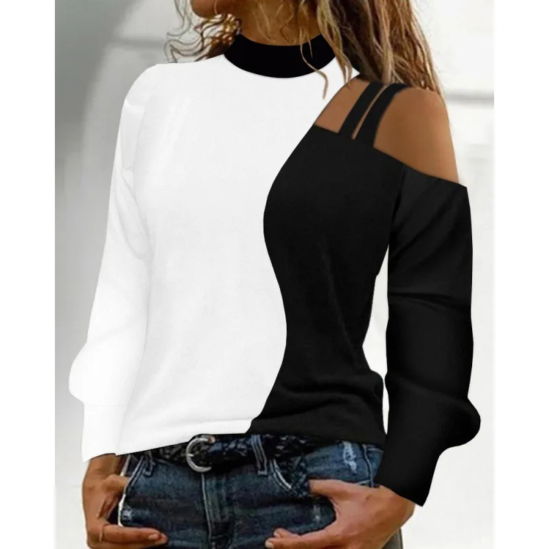 Autumn And Winter Simplicity Off the shoulder Colored Geometric Blocks Pattern Long Sleeve Top For Women Black - Shop at LoveMi