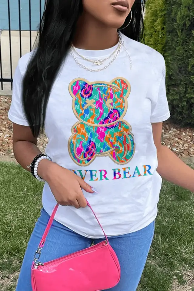 Plus Size Women's Loose Top Crew Neck T shirt Short Sleeves T shirt Bear Print Top White - Shop at LoveMi