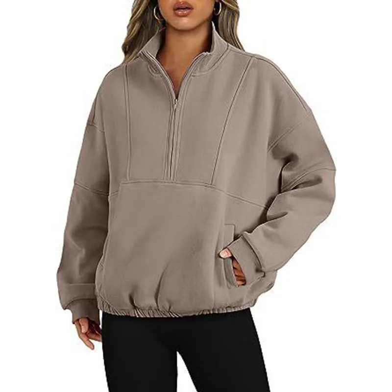 Sweater Sports Casual Women's Zipper Pocket Pullover Stand Collar Long Sleeve Shirt Camel - Shop at LoveMi