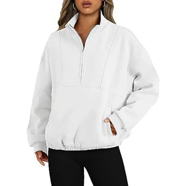 Sweater Sports Casual Women's Zipper Pocket Pullover Stand Collar Long Sleeve Shirt White - Shop at LoveMi