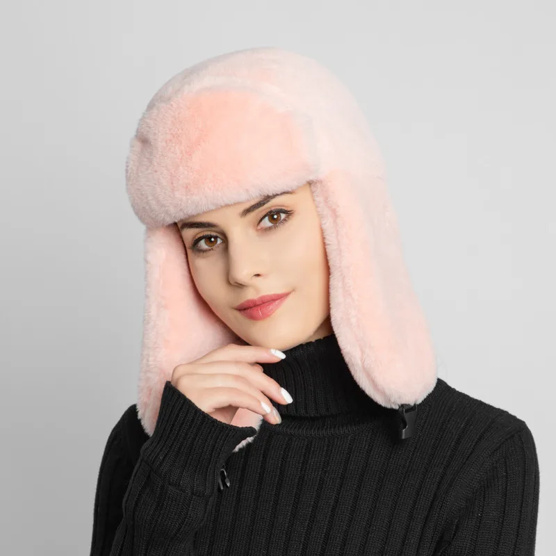 Outdoor Ear Protection Ski Warm Plush Hat Leather Pink - Shop at LoveMi