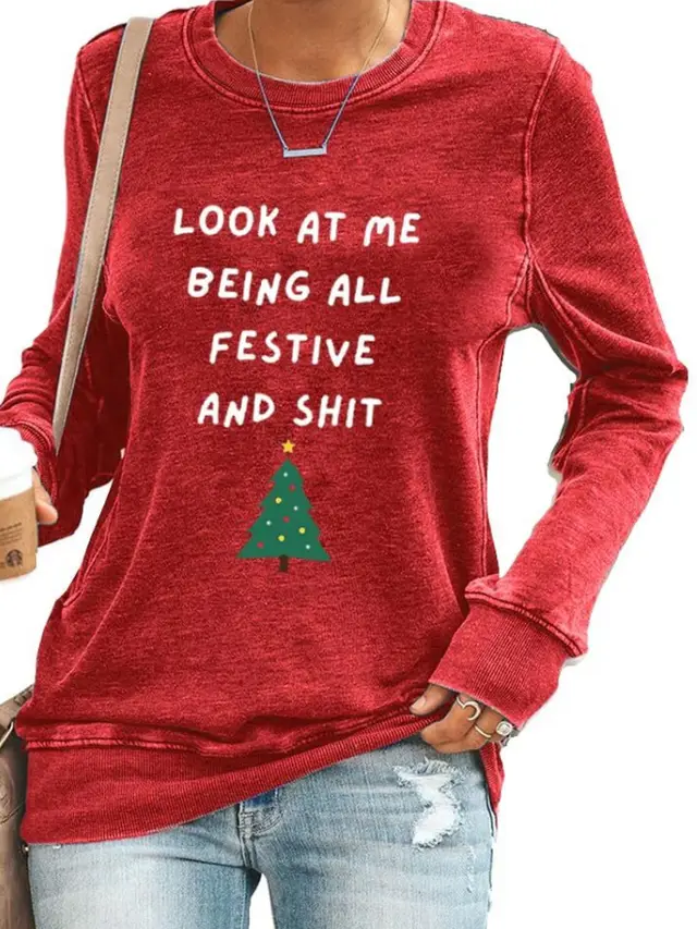 Women's Long Sleeve Printed Crew Neck Sweatshirt Red Pine - Shop at LoveMi
