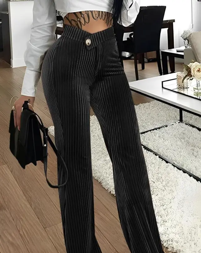 Fashion Gold Velvet Striped Casual Women's Pants Black - Shop at LoveMi