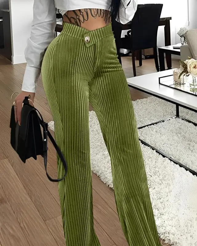 Fashion Gold Velvet Striped Casual Women's Pants Green - Shop at LoveMi