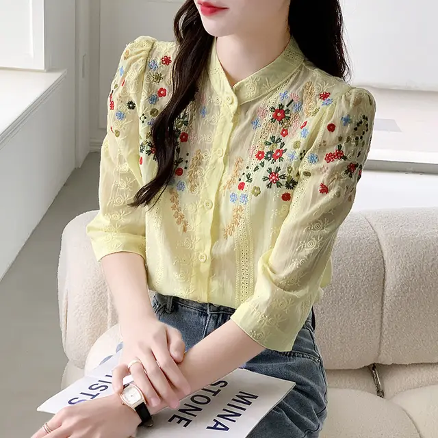 Women's Shirt Vintage Embroidered Jacquard Shirt Fresh Romantic Gentle Stand up Light Yellow - Shop at LoveMi