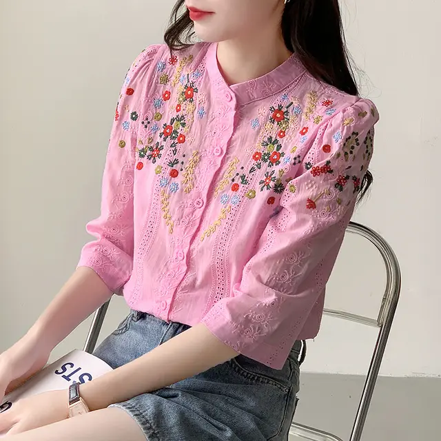 Women's Shirt Vintage Embroidered Jacquard Shirt Fresh Romantic Gentle Stand up Pink - Shop at LoveMi
