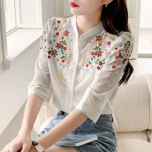 Women's Shirt Vintage Embroidered Jacquard Shirt Fresh Romantic Gentle Stand up White - Shop at LoveMi