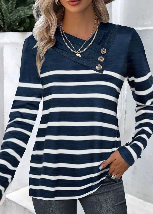 European And American Fashion V neck Long Sleeve Top Dark Blue - Shop at LoveMi
