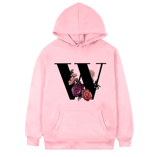 Women's 26 letter Flowers Printed Fleece Hoodie Pink W - Shop at LoveMi