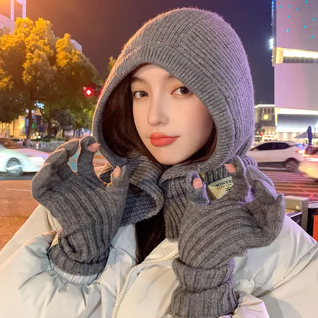 Women's Neck Warmer One piece Knitted Warm Hat Cold proof Gray - Shop at LoveMi