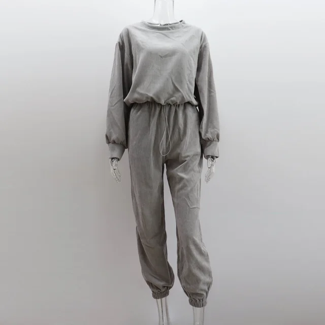 Corduroy Solid Color Round Neck Pullover Long Sleeve Two piece Set Gray Grey - Shop at LoveMi