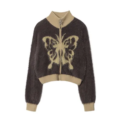 Mohair Stand Collar Cardigan Autumn And Winter Butterfly Embroidery Zipper Sweater Brown - Shop at LoveMi