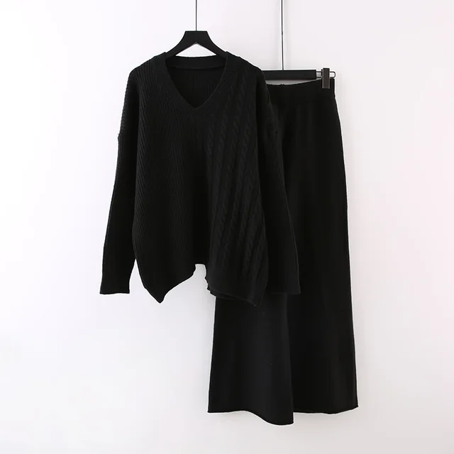 Solid Color And V neck Sweater Autumn And Winter New Loose Casual Knitted All matching Wide Leg Pants Two piece Suit Black - Shop at LoveMi