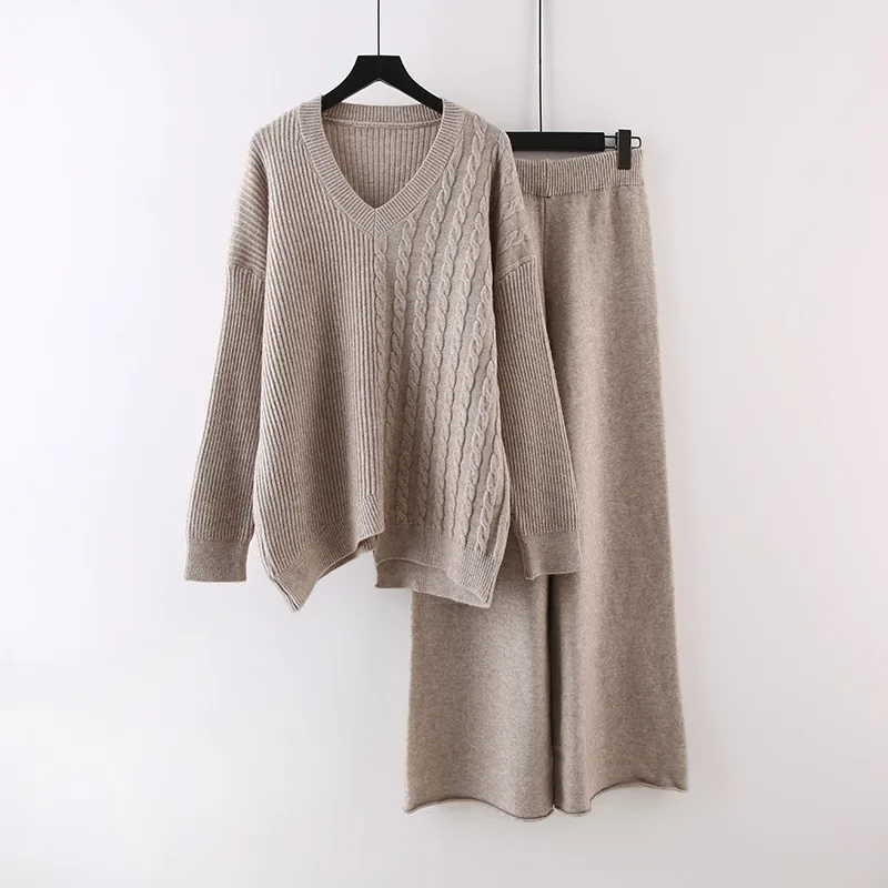 Solid Color And V-neck Sweater Autumn And Winter New Loose Casual Knitted All-matching Wide Leg Pants Two-piece Suit - Khaki