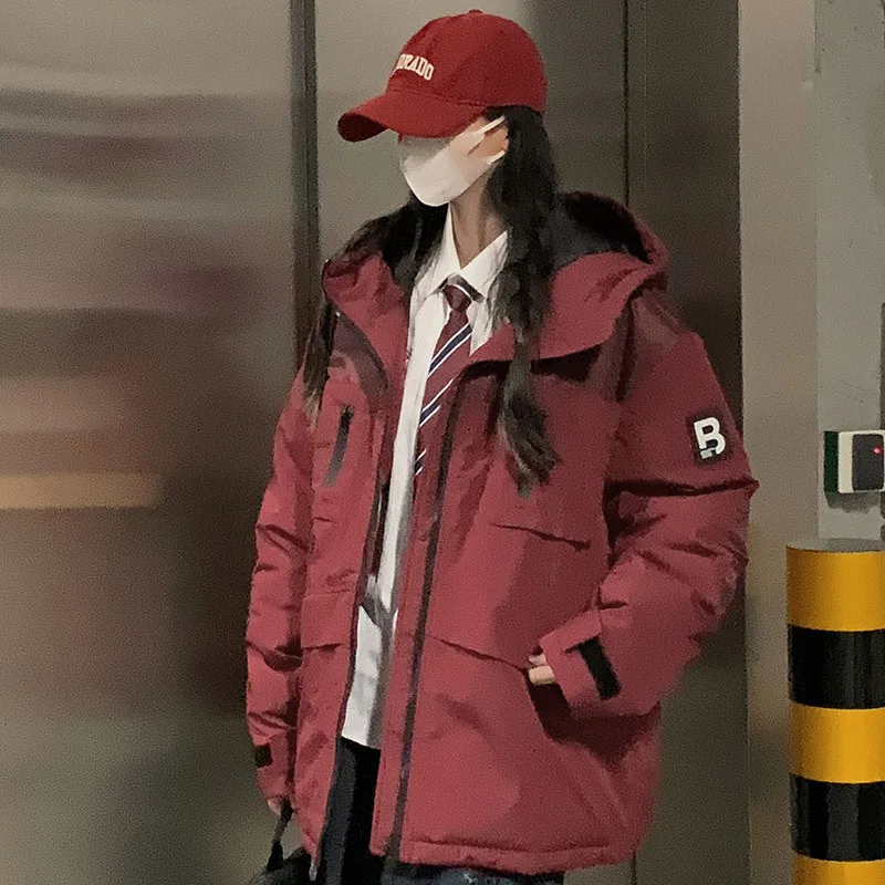 Korean Style Winter Couple Workwear Cotton padded Jacket Loose Hooded Fashion Casual Wine Red - Shop at LoveMi