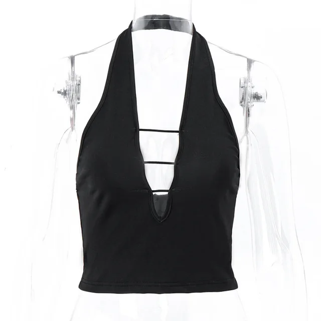 Sexy Hollow out Cropped Slim Fit Sleeveless Halter Vest Black - Shop at LoveMi
