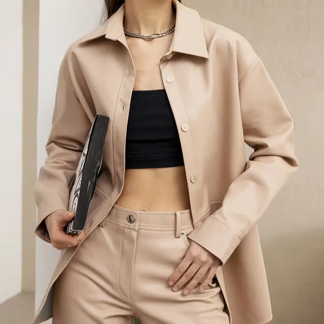 Fashion Long Sleeve Women's PU Shirt Leather Coat Creamy White - Shop at LoveMi
