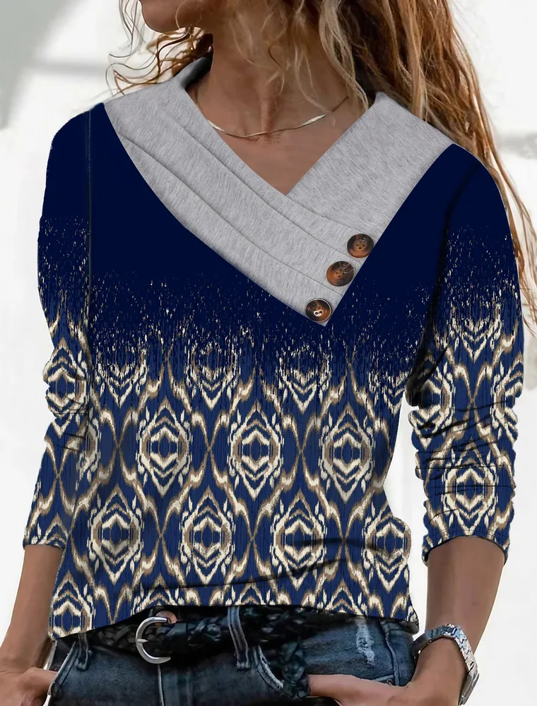 Women Scarf Collar T shirt With Long Sleeves Hoodie Button Top Blue - Shop at LoveMi
