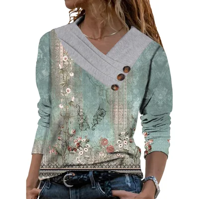 Women Scarf Collar T shirt With Long Sleeves Hoodie Button Top Green Printing - Shop at LoveMi