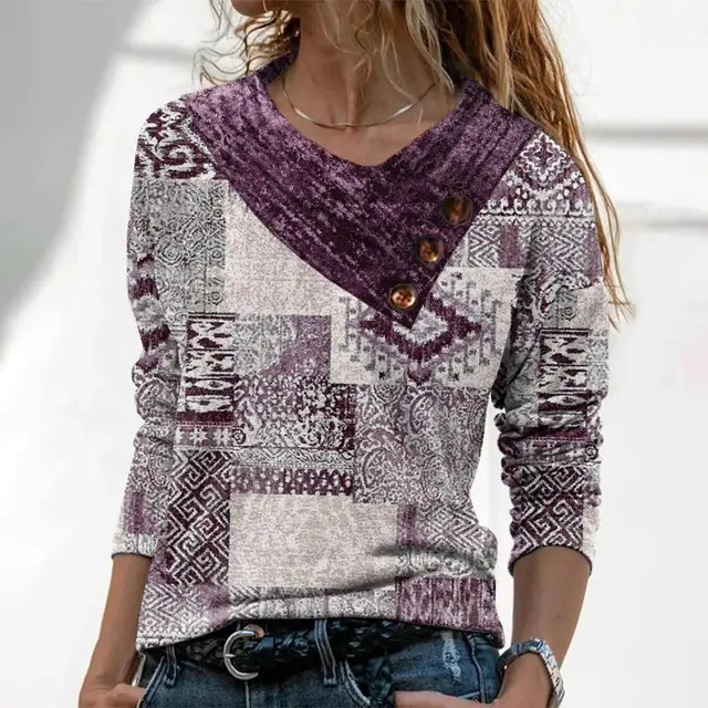 Printed Button Top V neck Long Sleeve Style 4 - Shop at LoveMi