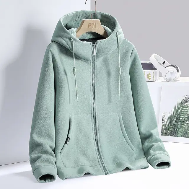 Velvet Padded Thickened Sweater Couple's Fleece Sweater Cardigan Hoodie Pea Green - Shop at LoveMi