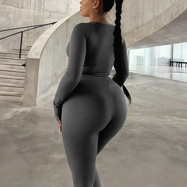 Long Sleeve Round Neck Top Package Hip Skinny Trousers High Elastic Sports Yoga Body hugging Suit Gray - Shop at LoveMi
