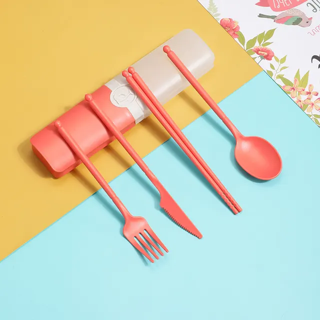 Wheat Straw Tableware Suit Knife, Fork And Spoon Chopsticks Four piece Set Orange - Shop at LoveMi
