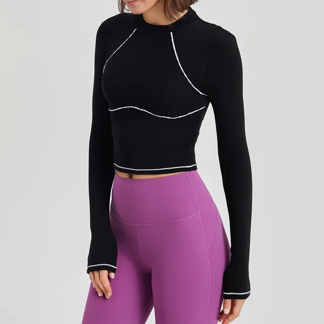 Autumn And Winter Fitness Suit Women's Long Sleeve Muss Tight Training Sports Top Women's Contrast Running Yoga Suit Black - Shop at LoveMi