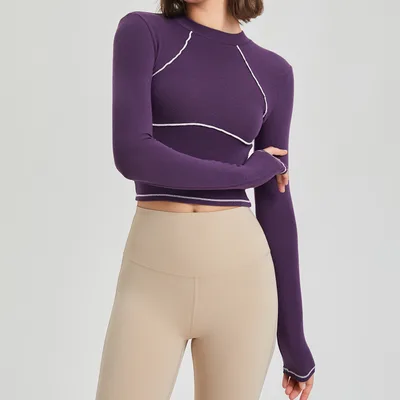 Autumn And Winter Fitness Suit Women's Long Sleeve Muss Tight Training Sports Top Women's Contrast Running Yoga Suit Purple - Shop at LoveMi