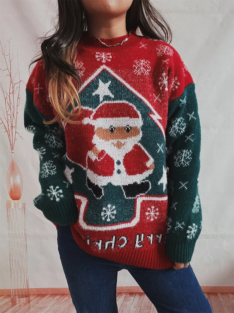 New Year Sweater Santa Snowflake Color Contrast Patchwork Round Neck Long Sleeve Knitted Pullover Red - Shop at LoveMi