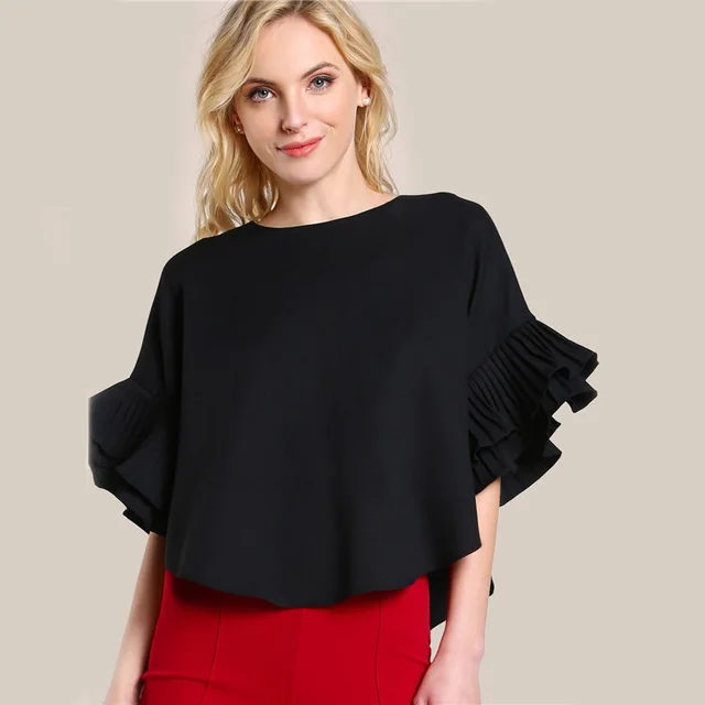 Ladies T shirt Round Neck Lotus Leaf Double Layer Bell Sleeve Short Chic Top Black - Shop at LoveMi