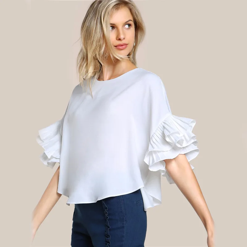 Ladies T shirt Round Neck Lotus Leaf Double Layer Bell Sleeve Short Chic Top White - Shop at LoveMi